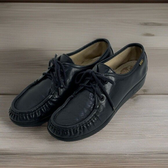 Vintage SAS Siesta Women Leather Comfort Shoes Navy Mock Toe Lace Up Sz 7.5 - Picture 1 of 11